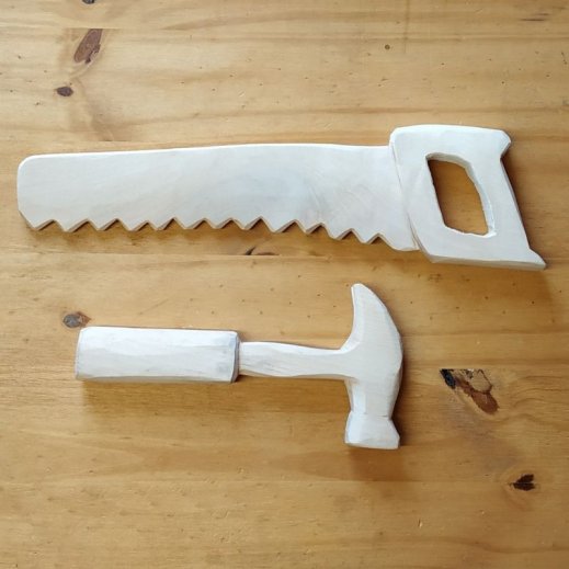 Lot de 2 outils en bois: scie et marteau