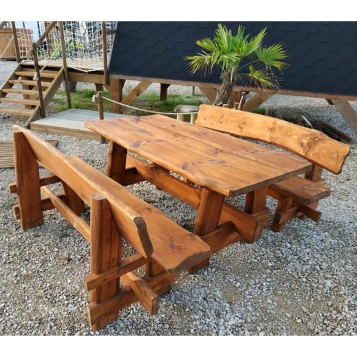 Table de jardin et 2 bancs pin massif