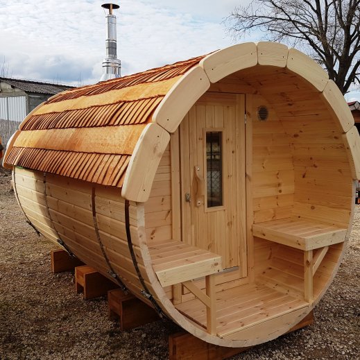 Tonneau Sauna 3m en pin option tuiles bois